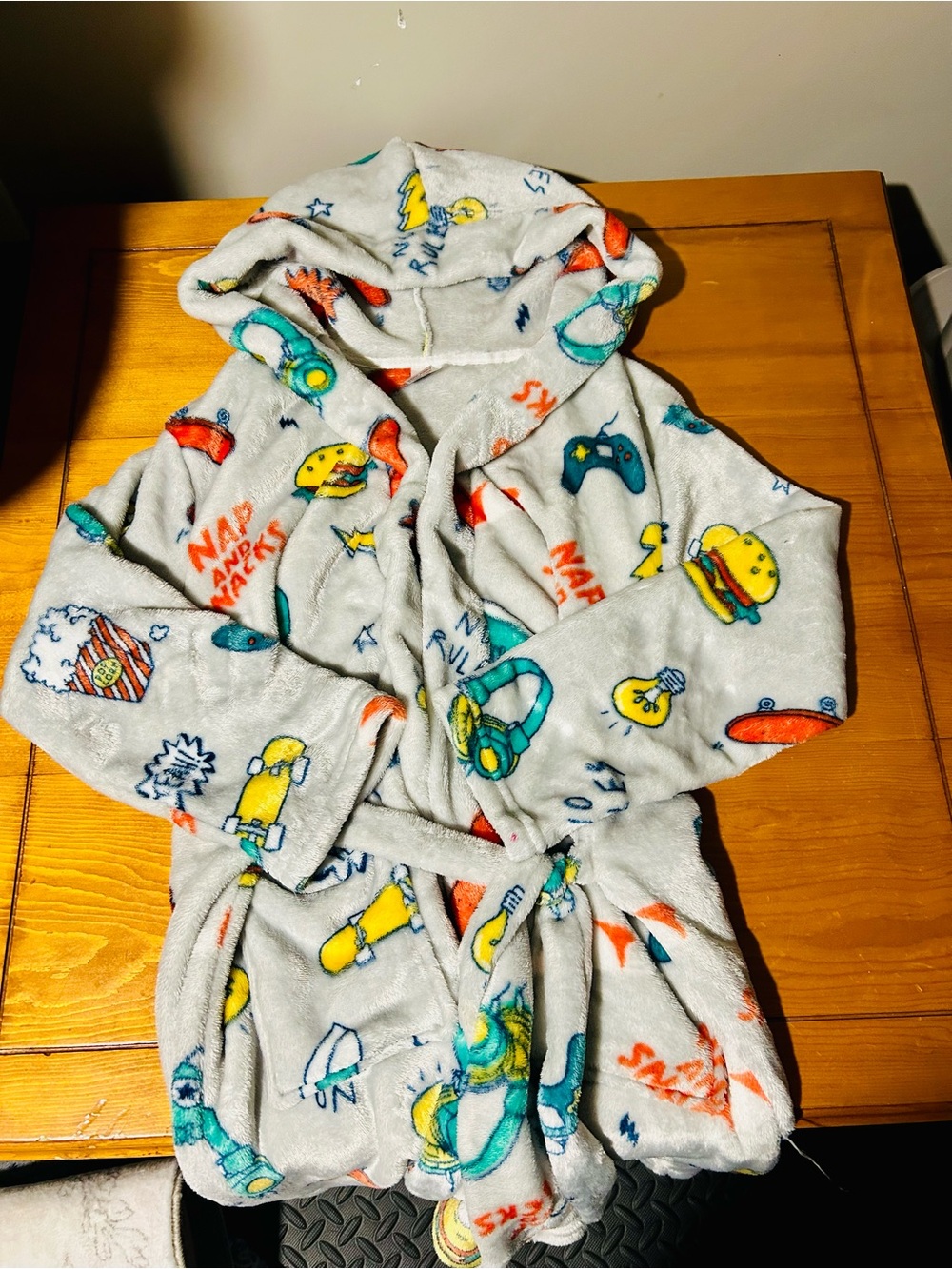 Kids Hooded Fleece Pajama Robe - Light Gray with Colorful Icons